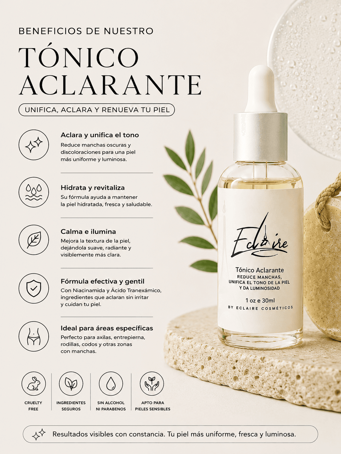 Frasco del Tónico Aclarante de Eclaire junto a una rama de olivo